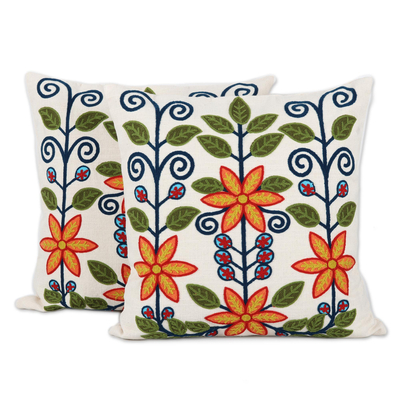 Cotton cushion covers, 'Climbing Flowers' (pair) - Floral Embroidered Cotton Cushion Covers from India (Pair)