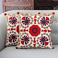 Cotton cushion covers, 'Strawberry Kaleidoscope' (pair) - Floral Cotton Cushion Covers Crafted in India (Pair)