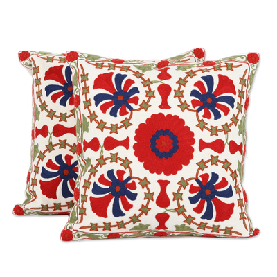 Cotton cushion covers, 'Strawberry Kaleidoscope' (pair) - Floral Cotton Cushion Covers Crafted in India (Pair)