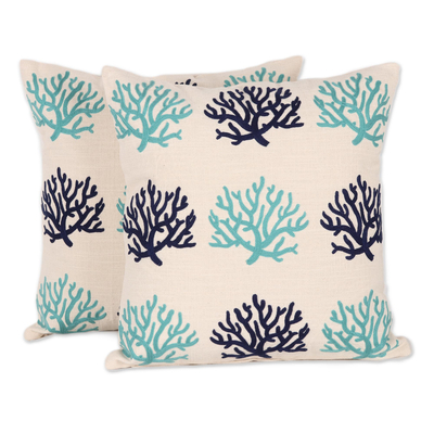 Embroidered cotton cushion covers, 'Blue Coral' (pair) - Coral-Themed Embroidered Cotton Cushion Covers (Pair)