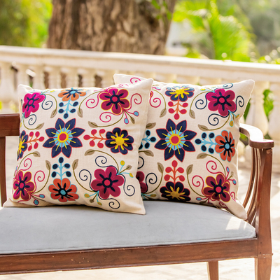 Cotton cushion covers, 'Harmonious Spring' (pair) - Colorful Floral Cotton Cushion Covers from India (Pair)