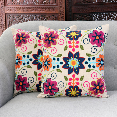 Cotton cushion covers, 'Harmonious Spring' (pair) - colourful Floral Cotton Cushion Covers from India (Pair)