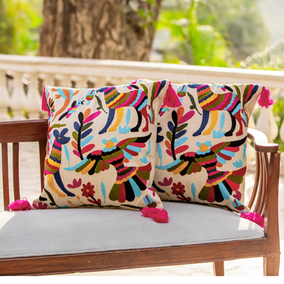 Cotton cushion covers, 'Enchanted Forest' (pair) - Animal-Themed Cotton Cushion Covers from India (Pair)