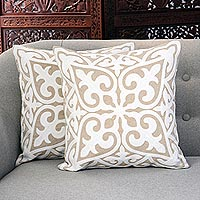 Cotton cushion covers, 'Snowy Morning' (pair) - White Embroidered Cotton Cushion Covers from India (Pair)