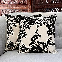 Fundas de cojín de algodón, 'Charming Midnight' (par) - Fundas de cojín de algodón con bordado floral negro (par)