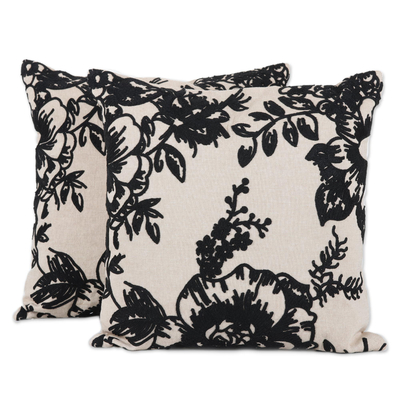 Black Floral Embroidered Cotton Cushion Covers (Pair)
