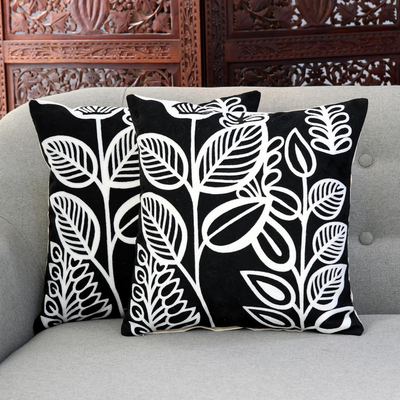 Cotton cushion covers, 'Midnight Leaves' (pair) - Leaf Motif Embroidered Cotton Cushion Covers (Pair)