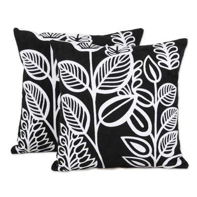 Cotton cushion covers, 'Midnight Leaves' (pair) - Leaf Motif Embroidered Cotton Cushion Covers (Pair)