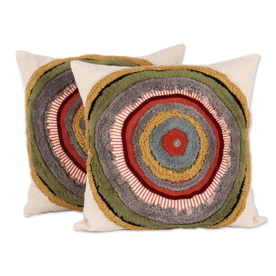 Fundas de cojín de algodón bordadas, 'Abstract Sun' (par) - Fundas de cojín de algodón bordadas con motivo circular (par)