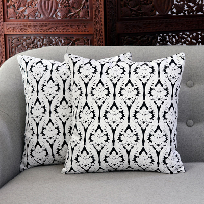 Cotton cushion covers, 'Midnight Trellis' (pair) - Embroidered Cotton Cushion Covers from India (Pair)