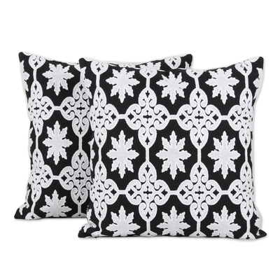 Cotton cushion covers, 'Midnight Royalty' (pair) - Two Embroidered Cotton Cushion Covers in Black and White