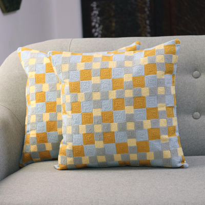 Embroidered cotton cushion covers, Square Illusion (pair)