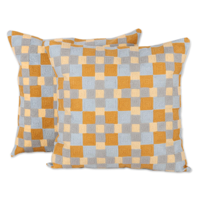 Embroidered cotton cushion covers, 'Square Illusion' (pair) - Square Embroidered Cotton Cushion Covers from India (Pair)