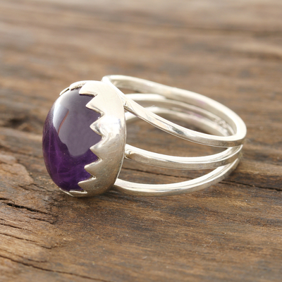 Amethyst cocktail ring, 'Royal Luster' - Oval Amethyst Cocktail Ring Crafted in India
