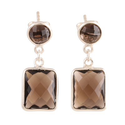 Smoky quartz dangle earrings, 'Glittering Delight' - 13.5-Carat Smoky Quartz Dangle Earrings from India