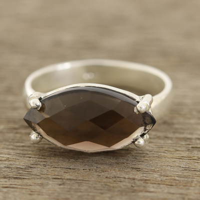 Smoky quartz single-stone ring, 'Sparkling Marquise' - 4-Carat Smoky Quartz Single-Stone Ring from India