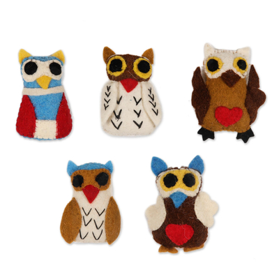 Wool felt ornaments, 'Happy Owls' (set of 5) - Colorful Wool Felt Owl Ornaments from India (Set of 5)