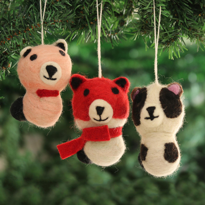 Wool felt ornaments, 'Panda Charm' (set of 3) - Wool Felt Panda Ornaments from India (Set of 3)