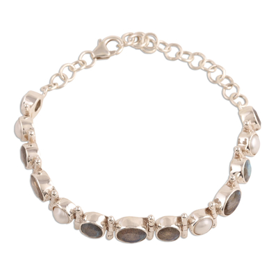 Labradorite and cultured pearl link bracelet, 'Pure Charm' - Labradorite and Cultured Pearl Link Bracelet from India