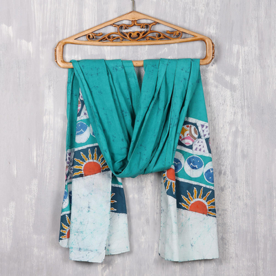 Chal de algodón batik - Mantón de algodón batik esmeralda con diseños coloridos de la India