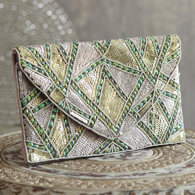 Beaded cotton evening handbag, 'Delhi Delight' - Metallic Beaded Cotton Evening Handbag from India
