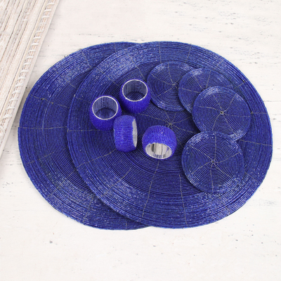 Glass beaded table set, 'Elegance in Blue' (12 piece) - Glass Beaded Table Setting in Blue from India (12 Piece)