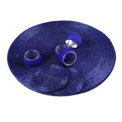 Glass beaded table set, 'Elegance in Blue' (12 piece) - Glass Beaded Table Setting in Blue from India (12 Piece)