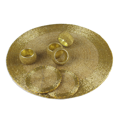 Glass beaded table set, 'Elegance in Gold' (12 piece) - Glass Beaded Table Setting in Gold from India (12 Piece)