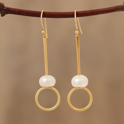 Gold plated cultured pearl dangle earrings, 'Ring Glow' - Gold Plated Cultured Pearl Dangle Earrings from India