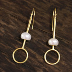 Gold plated cultured pearl dangle earrings, 'Ring Glow' - Gold Plated Cultured Pearl Dangle Earrings from India