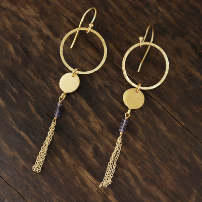 Gold plated iolite dangle earrings, 'Dreamy Rings' - Circular Gold Plated Iolite Dangle Earrings from India