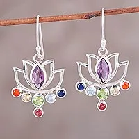 Multi-gemstone dangle earrings, 'Lotus Chakra' - Floral Multi-Gemstone Chakra Dangle Earrings from India