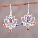 Multi-gemstone dangle earrings, 'Lotus Chakra' - Floral Multi-Gemstone Chakra Dangle Earrings from India