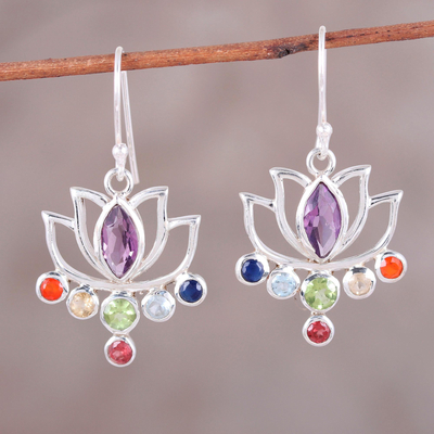 Multi-gemstone dangle earrings, 'Lotus Chakra' - Floral Multi-Gemstone Chakra Dangle Earrings from India