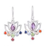 Multi-gemstone dangle earrings, 'Lotus Chakra' - Floral Multi-Gemstone Chakra Dangle Earrings from India
