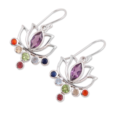 Multi-gemstone dangle earrings, 'Lotus Chakra' - Floral Multi-Gemstone Chakra Dangle Earrings from India