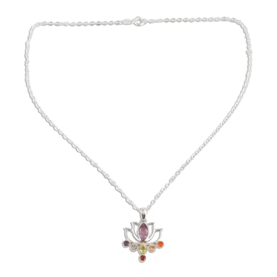 Multi-gemstone pendant necklace, 'Lotus Chakra' - Floral Multi-Gemstone Chakra Pendant Necklace from India