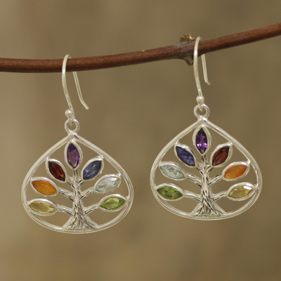 Multi-gemstone dangle earrings, 'Energy Tree' - Multi-Gemstone Chakra Tree Dangle Earrings from India