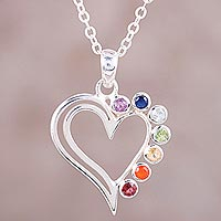 Multi-gemstone pendant necklace, 'Balanced Heart' - Heart-Shaped Multi-Gemstone Chakra Necklace from India