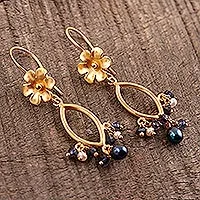 Gold plated cultured pearl and iolite dangle earrings, Floral Glam