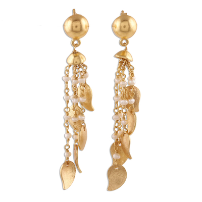 Gold plated cultured pearl waterfall earrings, 'Mango Dangle' - 22k Gold Plated Cultured Pearl Waterfall Earrings from India