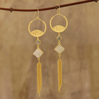 Gold plated drusy quartz and labradorite waterfall earrings, 'Lovely Cascade' - Gold Plated Drusy Quartz and Chalcedony Waterfall Earrings