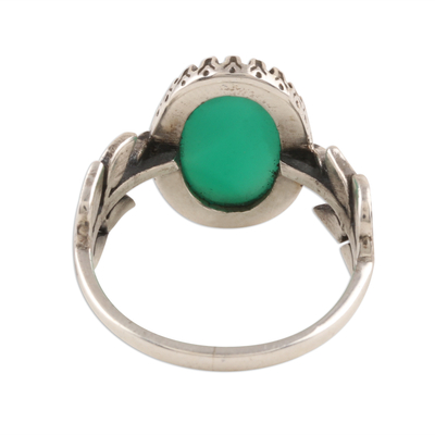 Onyx-Cocktailring - Ring aus grünem Onyx mit Blattmotiv aus Indien