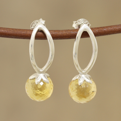 Citrine drop earrings, 'Round Dazzle' - 4-Carat Citrine Drop Earrings from India