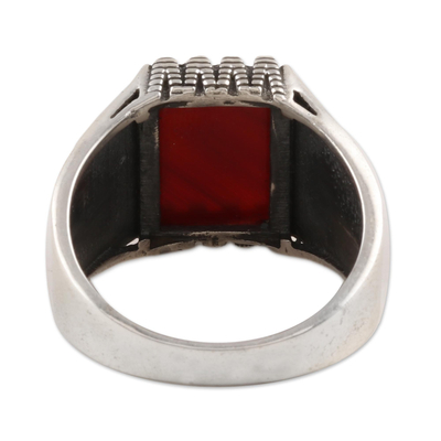 Men's onyx ring, 'Red-Orange Strength' - Men's Red-Orange Onyx Ring from India