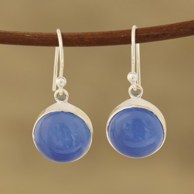 Chalcedony dangle earrings, 'Round Sky' - Round Blue Chalcedony Dangle Earrings Crafted in India