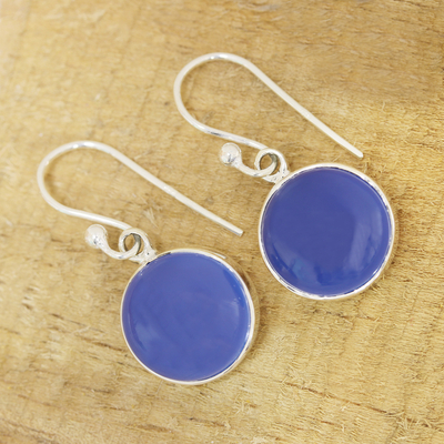 Chalcedony dangle earrings, 'Round Sky' - Round Blue Chalcedony Dangle Earrings Crafted in India