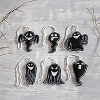 Wool felt ornaments, 'Spooky Ghosts in Black' (set of 6) - Black Wool Felt Ghost Ornaments from India (Set of 6)