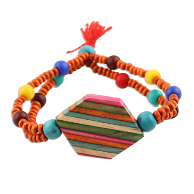 Wood beaded pendant bracelet, 'Hexagon Rainbow' - Hexagonal Wood and Resin Beaded Pendant Bracelet from India