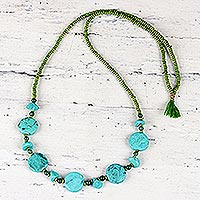 Agate and wood beaded long necklace, 'Verdant Fusion' - Green Agate and Wood Beaded Long Necklace from India